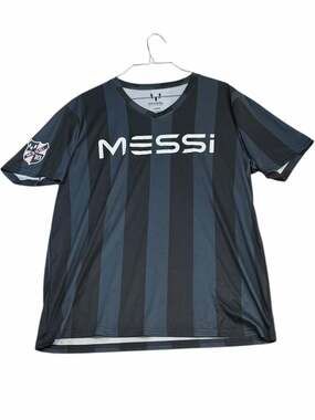 Messi Collection Men's V-Neck Striped Soccer Jersey Performance Shirt Black/Blue